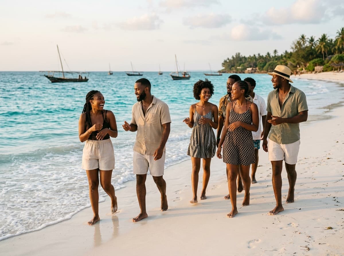Friends walking barefoot along turquoise shoreline on Zanzibar beach