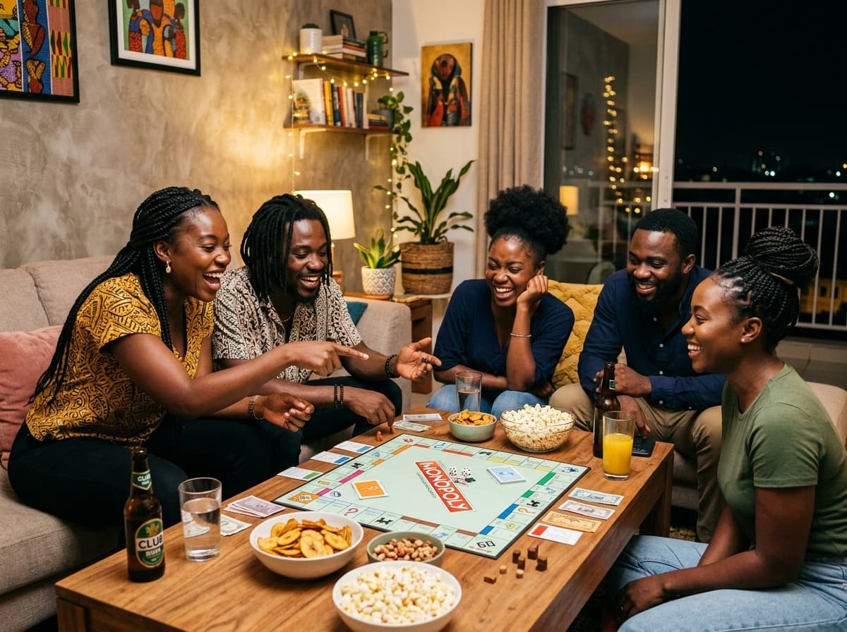 Friends laughing and playing board games in a modern Accra apartment