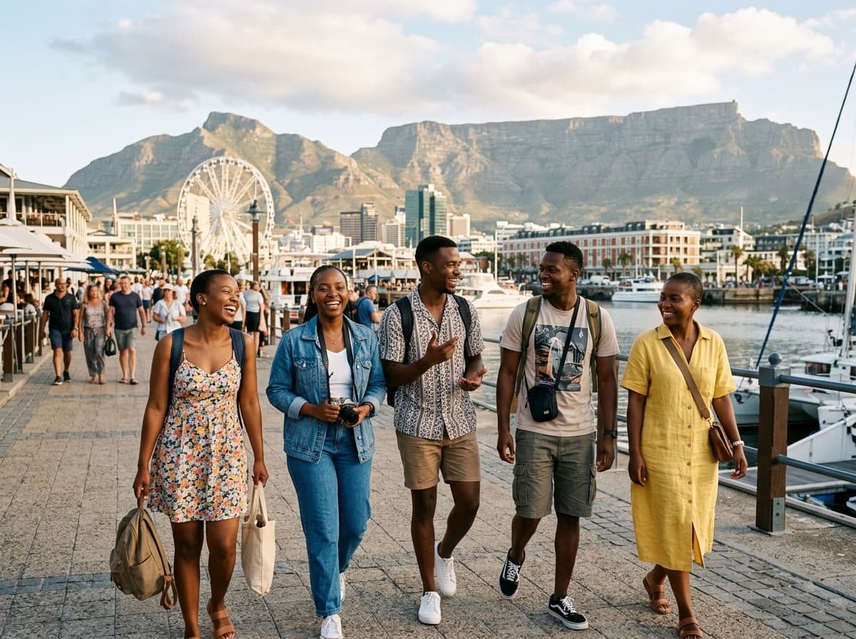 Friends traveling together along the V&A Waterfront in Cape Town with Table Mountain